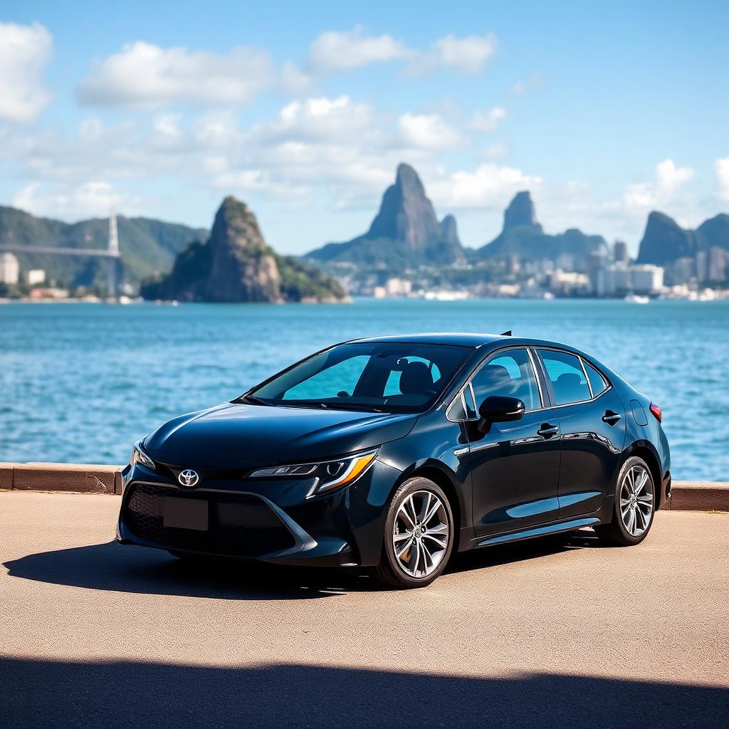 Toyota Corolla 2025 preto com a Baía de Guanabara ao fundo