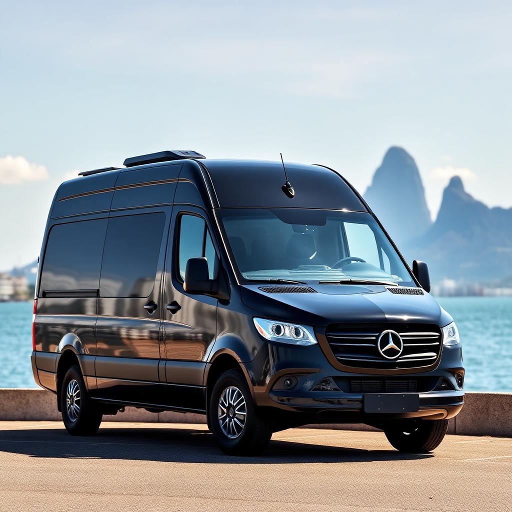 Mercedes-Benz Sprinter 2025 preta com a Baía de Guanabara ao fundo